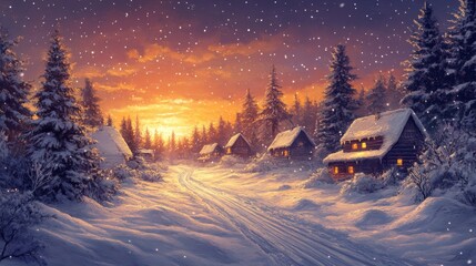 Winter Cabin Village at Sunset with Falling Snow Creating a Cozy and Serene Scene with Warm Light in the Windows and Snow Covered Trees