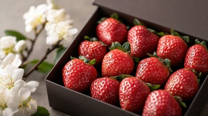 Modern gift box of glazed strawberries and fresh blossoms, displayed creatively on a soft light background.