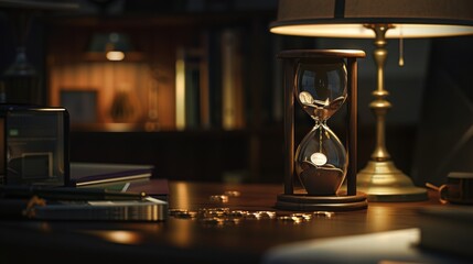 Elegant Hourglass with Coins on Wooden Desk