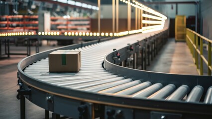 Industrial conveyor belt, illuminated archway, warehouse interior, geometric patterns, warm lighting, metallic textures, futuristic logistics, automated sorting system, curved pathway, depth of field,