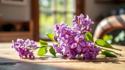 Fototapeta premium A Delicate Bouquet of Purple Flowers Resting on a Wooden Surface in Sunlit Room