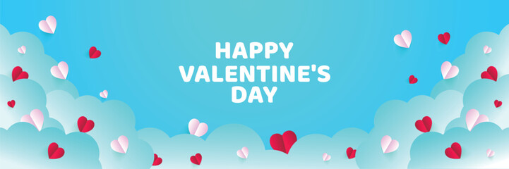 Valentine's Day concept frame. Vector illustration. 3d pink and white paper hearts on a geometric background. Cute love sale banner or greeting card	