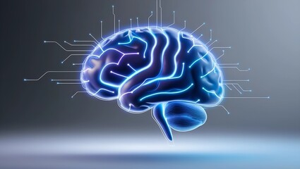 Fototapeta premium Stylized Human Brain with Glowing Interconnected Circuits in Blue and Violet
