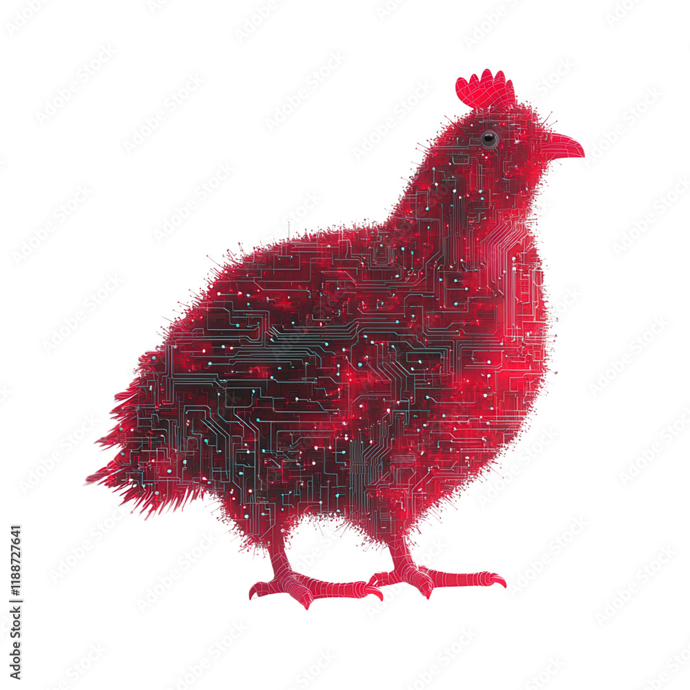 Poster a digital depiction of a chicken with a vibrant red hue and intricate circuitry patterns embedded wi
