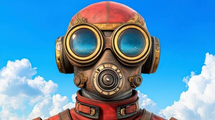 Steampunk goggles and helmet against a vibrant blue sky.  Intricate details and a sense of adventure.