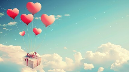 alloons with gift in the cloudy sky. Happy Valentines Day. Banner 