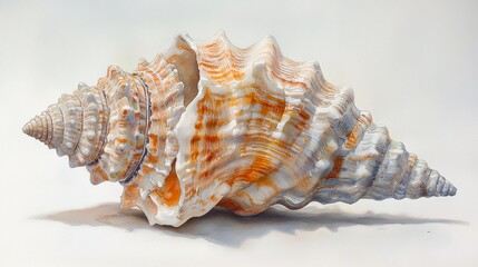Obraz premium Large spiral seashell with orange and white stripes on a white background.