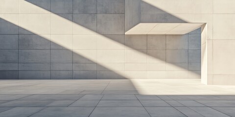 Obraz premium Modern architecture. Sunlight casts shadows on sleek concrete walls and floors. Minimalist design. Abstract geometric shapes.