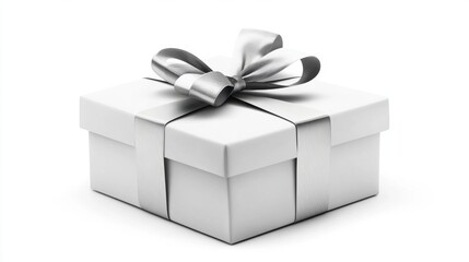 Obraz premium Elegant White Gift Box with Silver Ribbon on a Clean Background