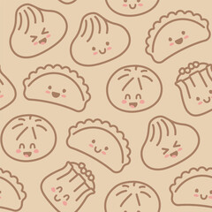 Seamless background with flat Chinese kawaii dumplings. Xiao Long Bao, Siu Mai, Baozi