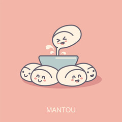 Mantou Chinese steamed bun. Mantou with condensed milk cartoon vector. Chinese food in kawaii style