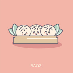 Baozi dumpling line icon. Dim sum food element, bao bun. Traditional Chinese, Taiwan cuisine mascot, dumpling with dough and minced meat of round shape. Flat icon in kawaii style