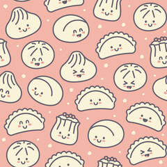 Seamless background with flat Chinese kawaii dumplings. Xiao Long Bao, Siu Mai, Baozi
