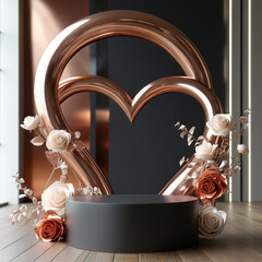 Valentines Day Podium, Empty product display podium, Metallic romance, matte black finish, heart sculptures in rose gold, shapes in complementary tones of blush, copper, ad, podium platform