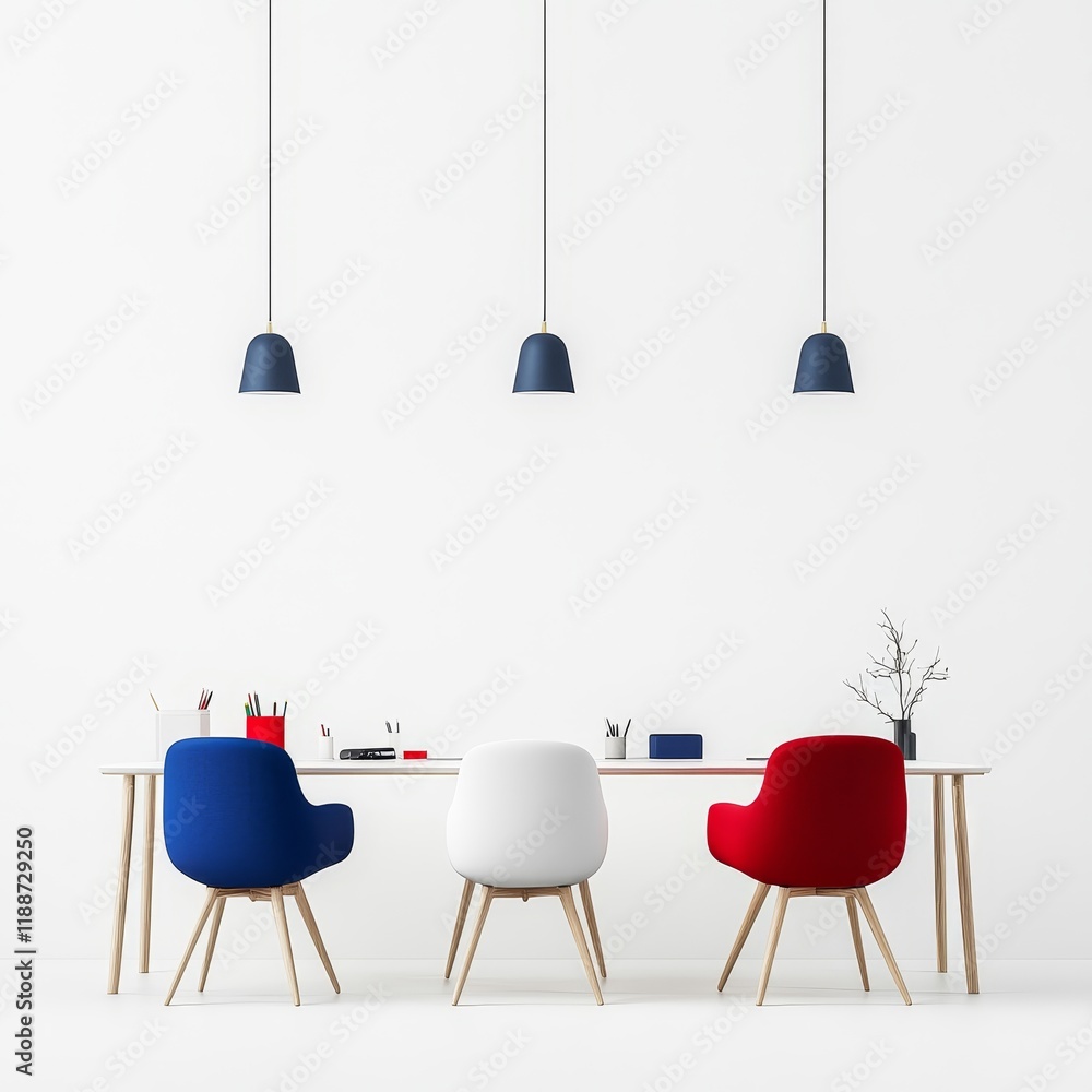 Poster modern workspace with colorful chairs and minimalist design featuring simple desk and decorative ele