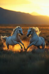 Majestic White Horses Sunset Playful Dance Golden Hour Wild Freedom