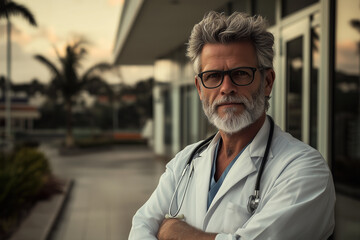 Mature male doctor with a stethoscope and glasses exuding reliability and expertise