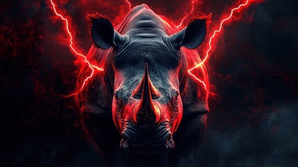 Powerful rhino portrait, electric storm background, wildlife, artistic illustration
