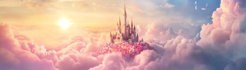 Magical castle nestled in dreamy pink clouds at sunset. Fairytale fantasy scene, perfect for dreams, imagination, and magical stories.