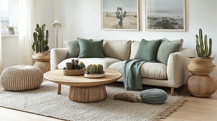 Cozy Living Room with Green Accents and Natural Textures