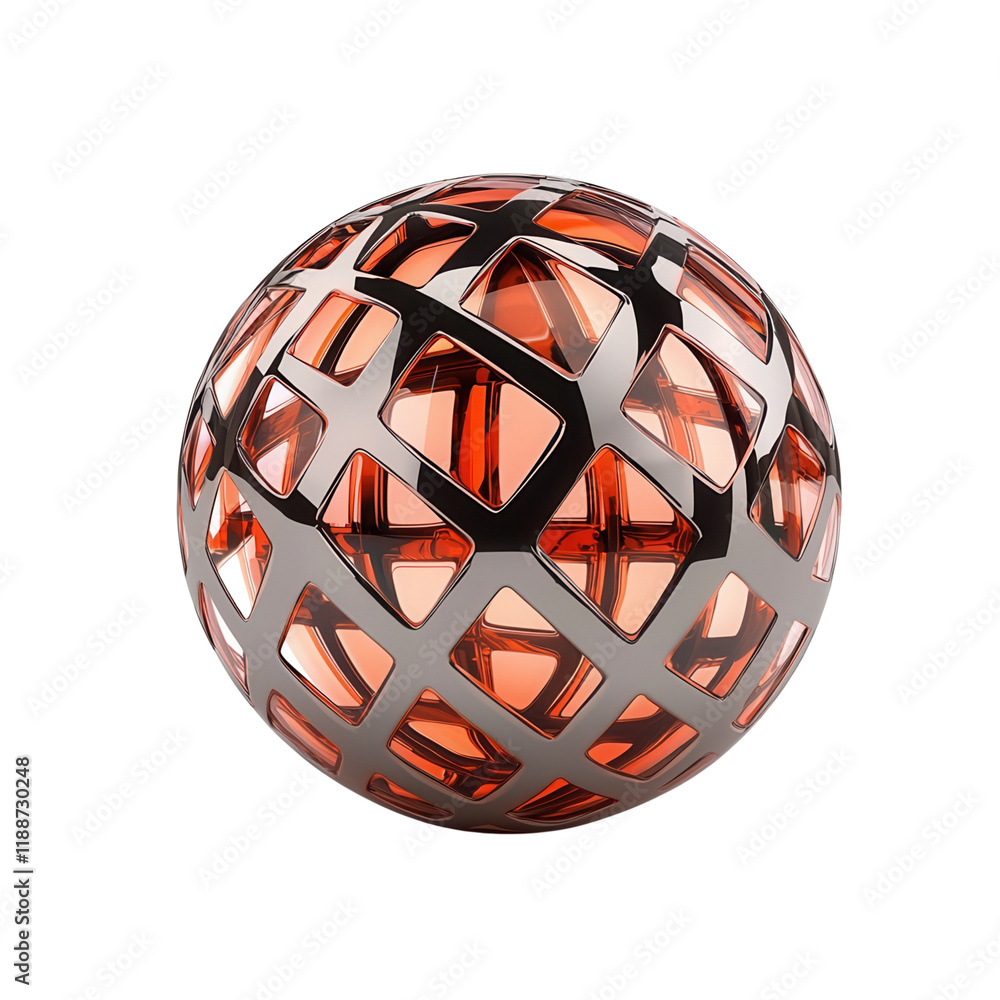 Poster a spherical object featuring a lattice design with vibrant orange segments and a metallic finish.