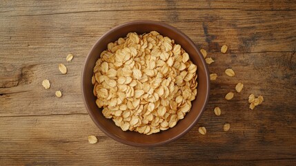 Delicious Rolled Oats in Brown Bowl on Rustic Wooden Background