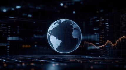 Futuristic digital representation of Earth. Data visuals, graphs surround globe. Nighttime futuristic financial setting. Global information network shown by tech indicators. Global economy, market