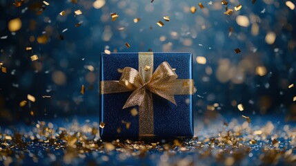 Festive Gift Box Surrounded by Golden Confetti on Blue Background