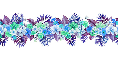 Colorful garland of exotic flowers and leaves. Flowers in various shades of blue, green and white, surrounded by purple leaves, with no background. This image can be used for decoration.