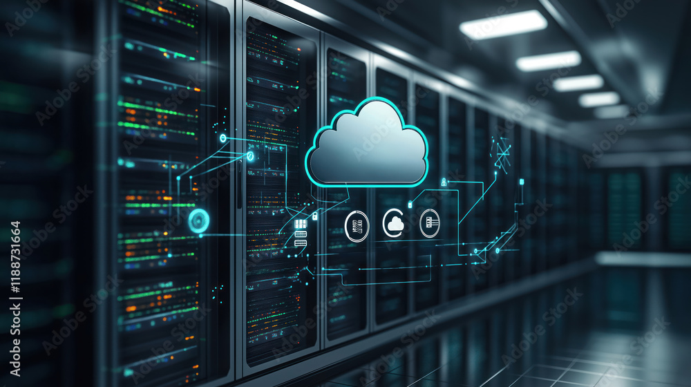 Poster futuristic server room displays tech data recovery system. cloud backup concept shown by graphic ele