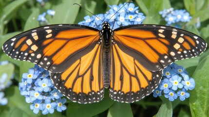 Fototapeta premium Vibrant Monarch Butterfly Perched on Delicate Blue Flowers