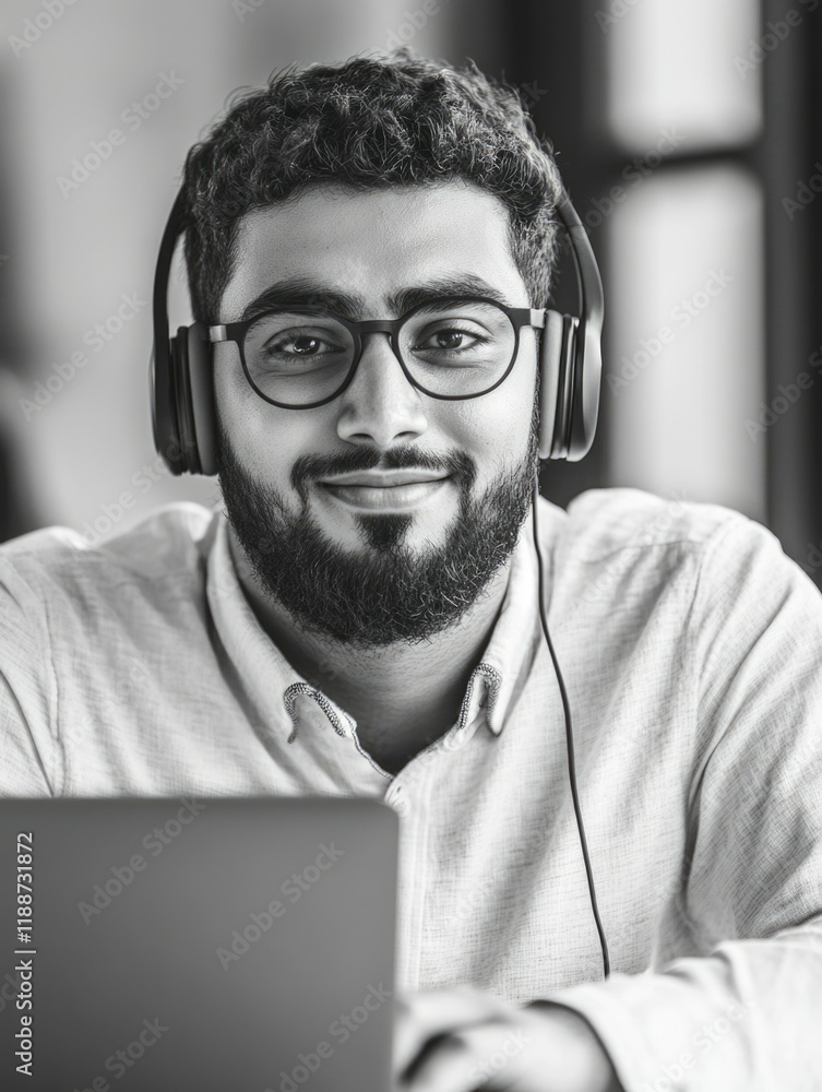 Wall mural Professional Young Man Smiling and Listening with Headphones