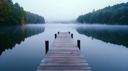 A wooden pier is in front of a lake