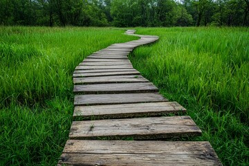 Fototapeta premium Peaceful Wooden Pathway Leading Through Lush Grassy Field Surrounded by Nature Evoking Calmness and Serenity in Outdoors