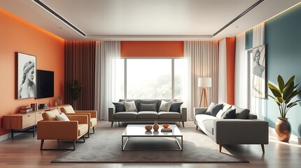Modern Living Room with Cozy Decor and Bright Accents