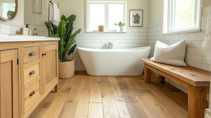 Modern Bathroom Interior Featuring Freestanding Tub and Natural Elements