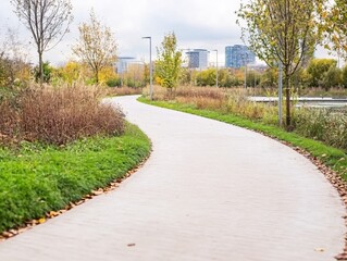 Fototapeta premium Serene Autumn Path Winding Through Urban Park Landscape