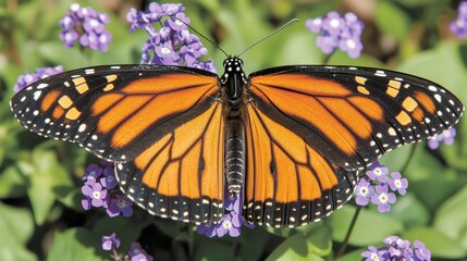 Fototapeta premium Monarch Butterfly on Purple Flowers in Bright Natural Habitat