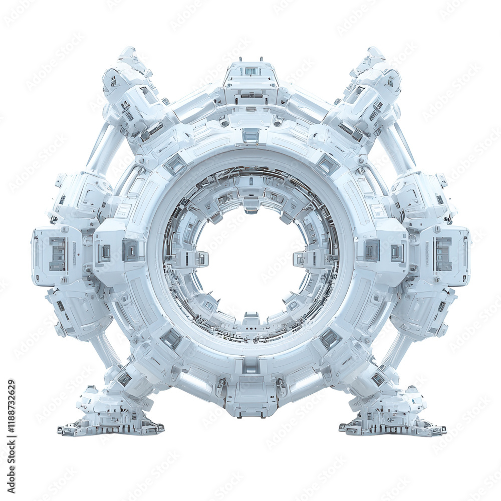 Poster a futuristic, circular structure with intricate detailing and mechanical features, suggesting advanc
