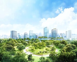Obraz premium Modern city skyline integrated with lush green park. Sustainable urban design, eco-friendly cityscape, harmony of nature and architecture.