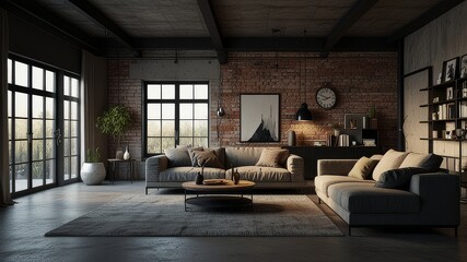 Living room interior in loft, industrial style, 3d render