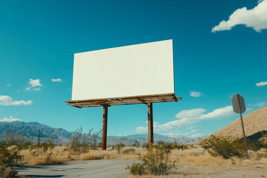 white big empty mockup banner billboard in desert landscape with blue sky over road, advertising, commerce, marketing, promotion