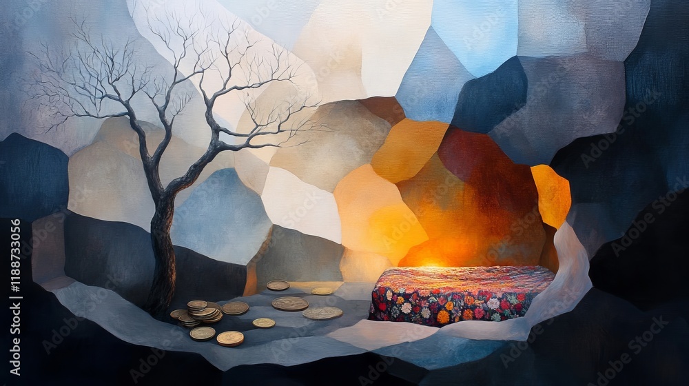 Aufkleber surreal dreamscape: a tree and cozy bed nestled in a colorful cave with soft light and stones creati