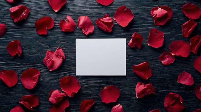 Blank card surrounded by red rose petals on dark wood