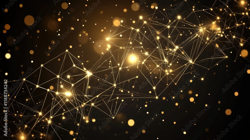 Poster technology-inspired abstract design featuring intersecting gold and fiery lines with glowing nodes, 
