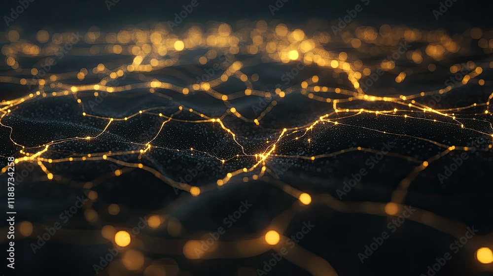 Poster technology-inspired abstract design featuring intersecting gold and fiery lines with glowing nodes, 