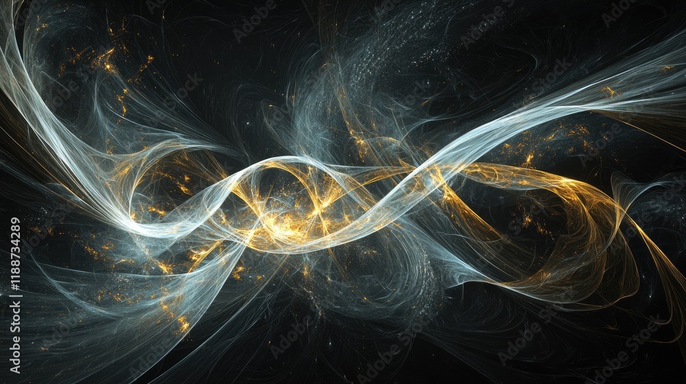 Poster technology-themed abstract design with sweeping golden arcs and flame-colored highlights, scattered 