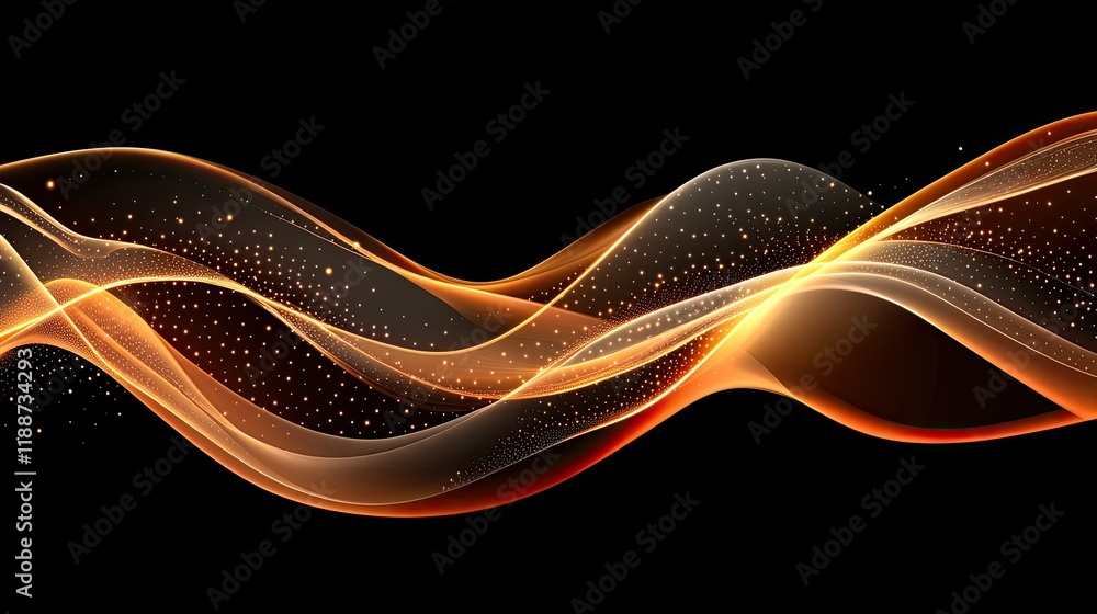 Poster technology-themed abstract design with sweeping golden arcs and flame-colored highlights, scattered 