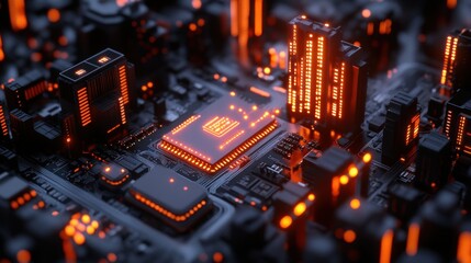 Obraz premium Futuristic Circuit Board with Glowing Orange Lights and Cities
