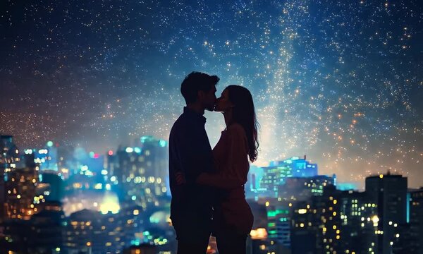 Lovers man and girl against background night city, night starry sky and horizon. Concept date Valentine's Day, first kiss love, forever together